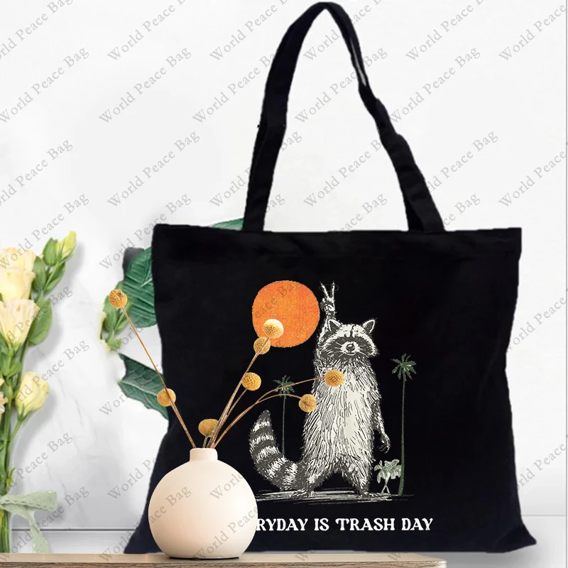 1 pc Everyday Is Trash Day Raccoon patternTote Bag  Canvas Shoulder Bag For Travel Daily Commute Women\'s Reusable Shopping Bag