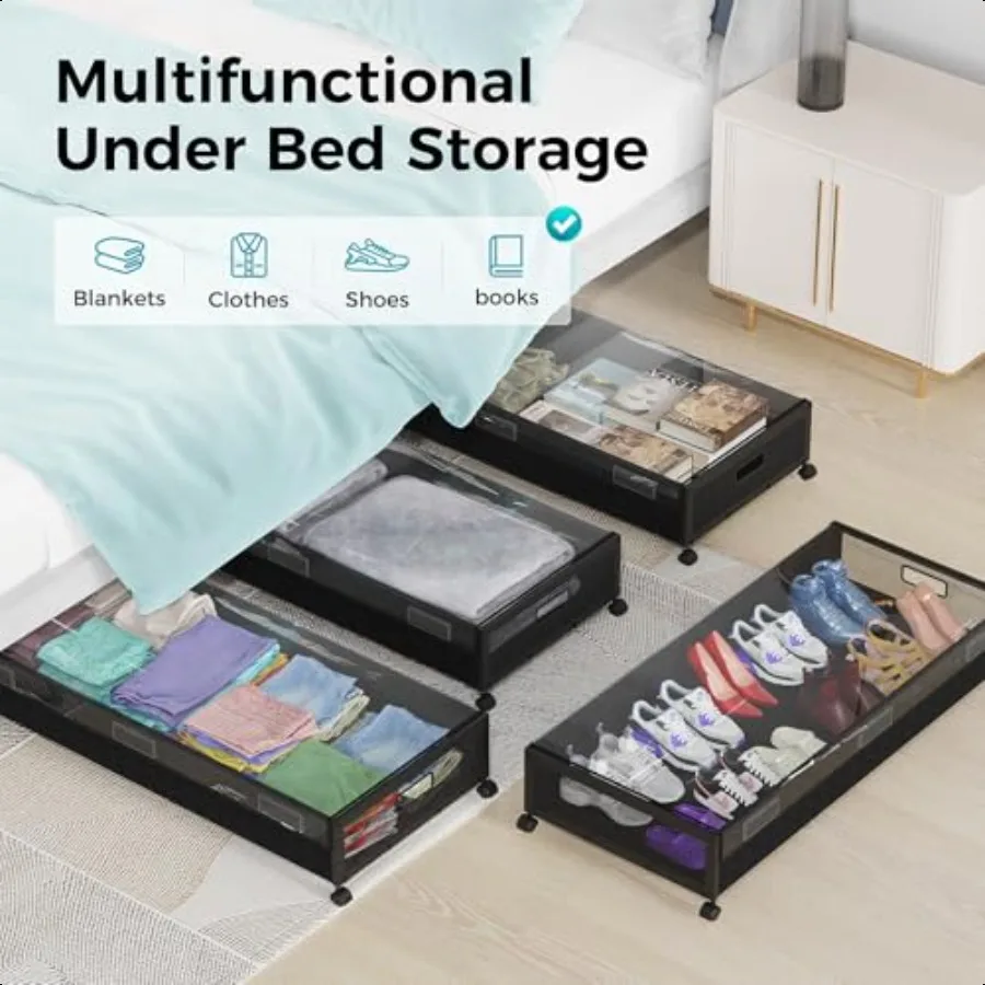 Large Under Bed Storage with Wheels Metal Under Bed Storage Containers with Clear Lid Handle Rolling Under Bed Shoe Storage Dra