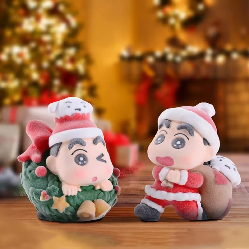 Crayon Shin-Chan Christmas Series Blind Box Flocking Kawaii Figures Collectable Doll Toys Desktop Ornaments Holiday Gift Toys