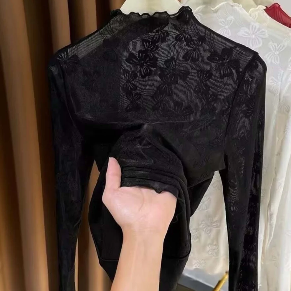 

Hollow Out Lace Bottomed Blouse Bowknot Half High Collar Bow Flower Mesh Shirt Basic Shirts Sheer Tees Lace See Through Tops
