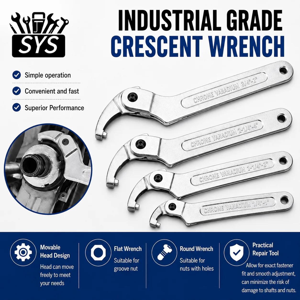 New Multi Functional Wrench Adjustable Universal Wrench Set Round/square Head CR-V Chrome Vanadium Shock Absorber Round Nut Tool