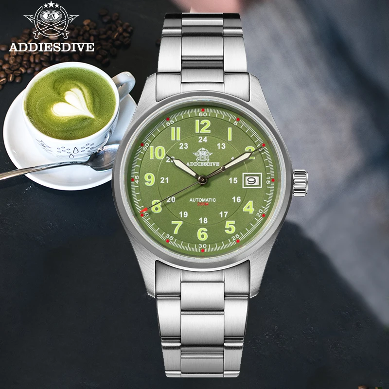 ADDIESDIVE automatyczny zegarek zielona Matcha tarcza NH35 szafirowy zegarek na rękę 39mm ze stali nierdzewnej świecący wodoodporny zegarek z 20atm