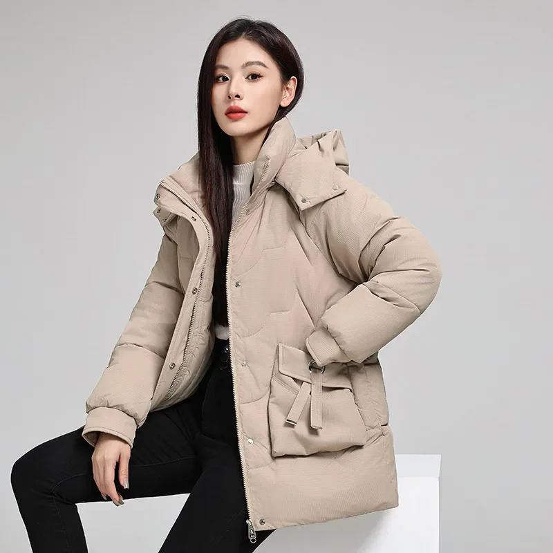 Down Cotton Padded Thickened Jacket Pop Loose Stand-up Collar Hooded Parka Women Loose Parka Coat Female