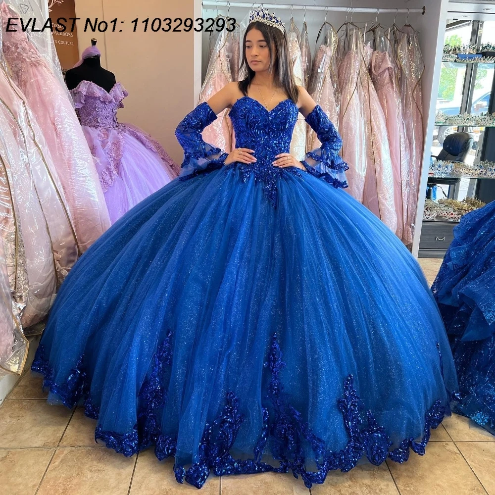 EVLAST Customized Royal Blue Quinceanera Dress Ball Gown Sequins Applique Beading Tiered Sweet 16 Vestido De 15 Anos E1Q145