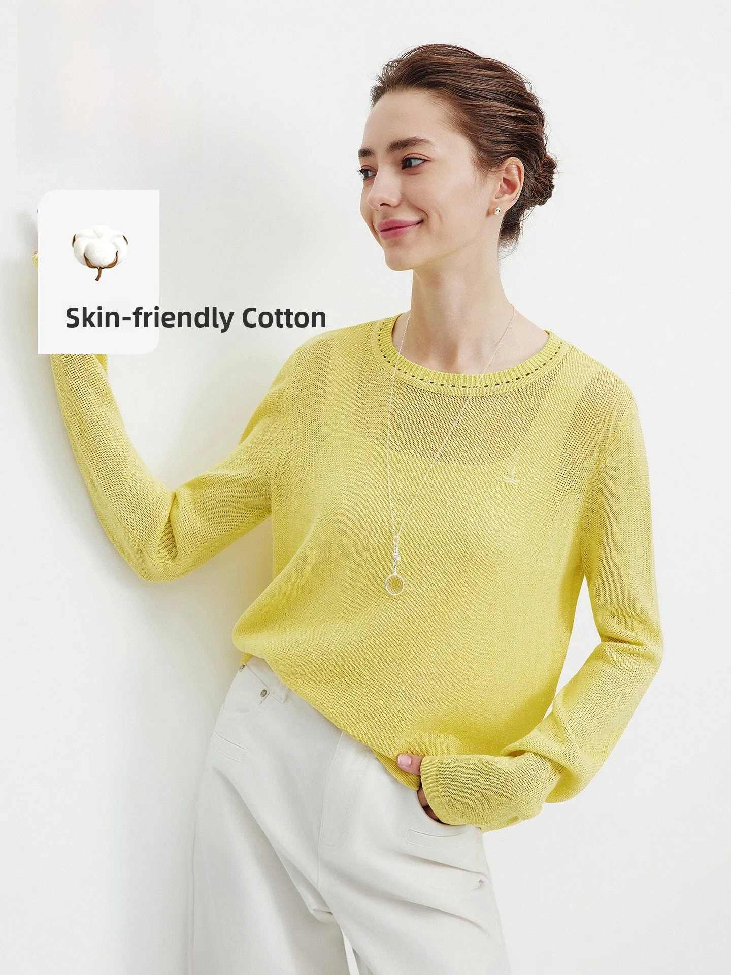 

Navigare Simple Sle Hollow out Knitted Long Sve Top Thin Cotton Viscose Blend Spring Summer Women's Faion Basic Crew Ne