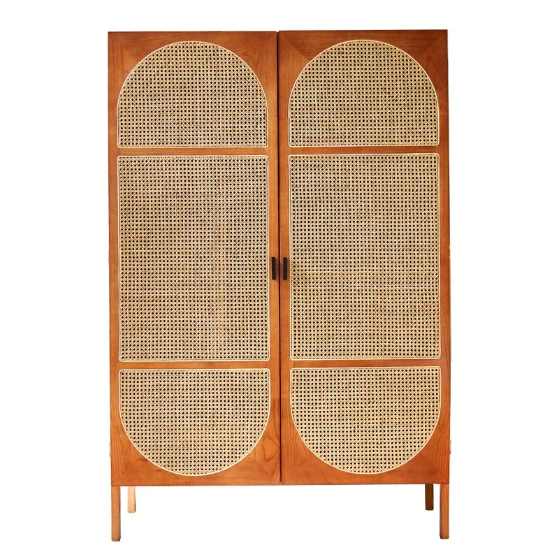 Nordic solid wood wardrobe, modern home rattan woven wardrobe, creative storage cabinet for homestays