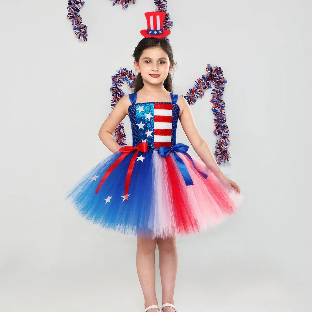 

Girls Tutu Dress Suit American Flag Sequin Bow Costume USA Independence Day Stars Carnival Holiday Outfit Patriotic Clothes
