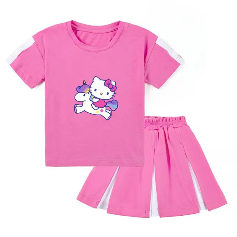 Traje de moda Kawaii Sanrioed Hellokittys para niños, Falda plisada de manga corta de dibujos animados, falda deportiva Preppy, regalo de verano