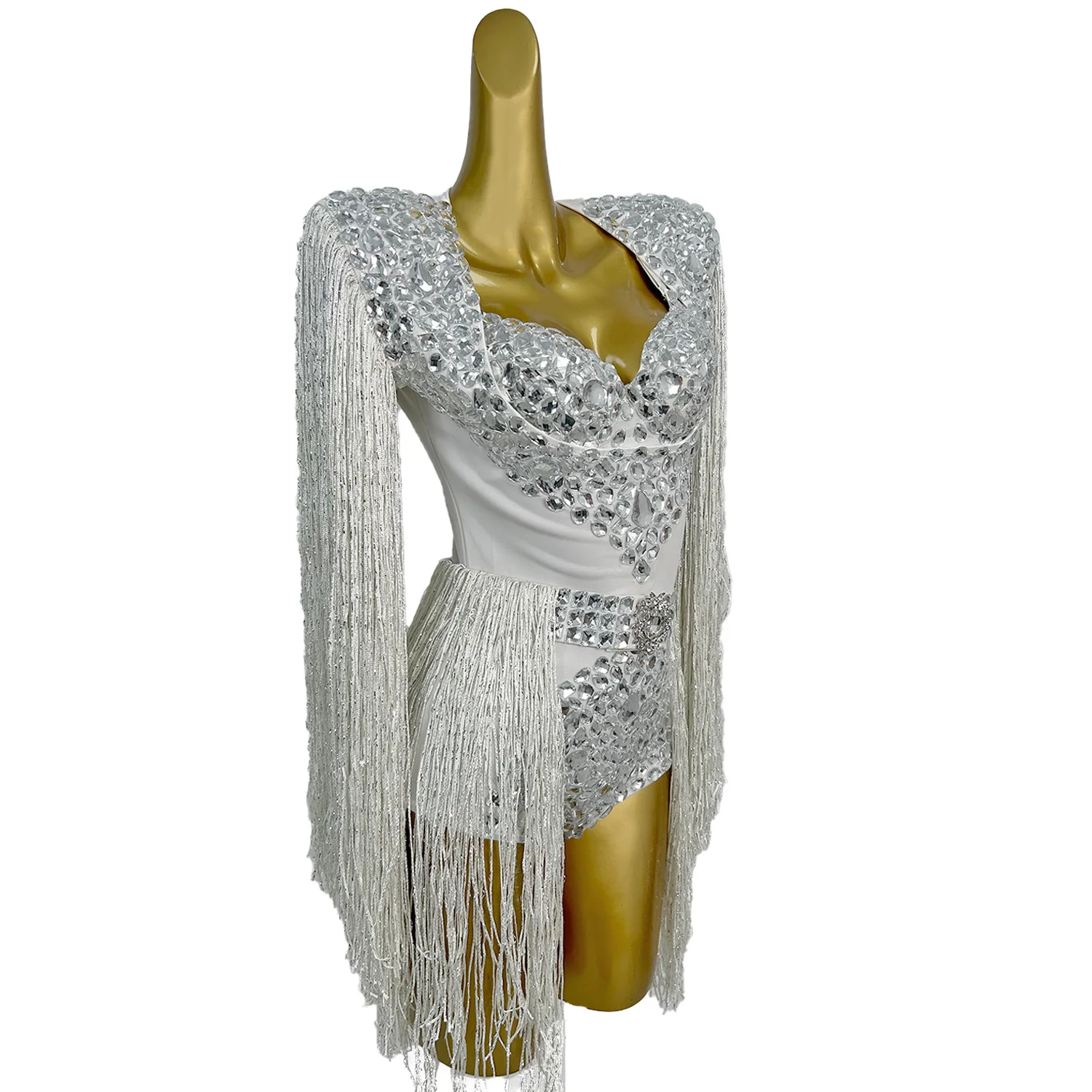 

Baijingling сексуальный клубный женский комбинезон со стразами, белое платье с поясом и кисточками, бар, музыкальный фестиваль, наряд для выступлений знаменитостей