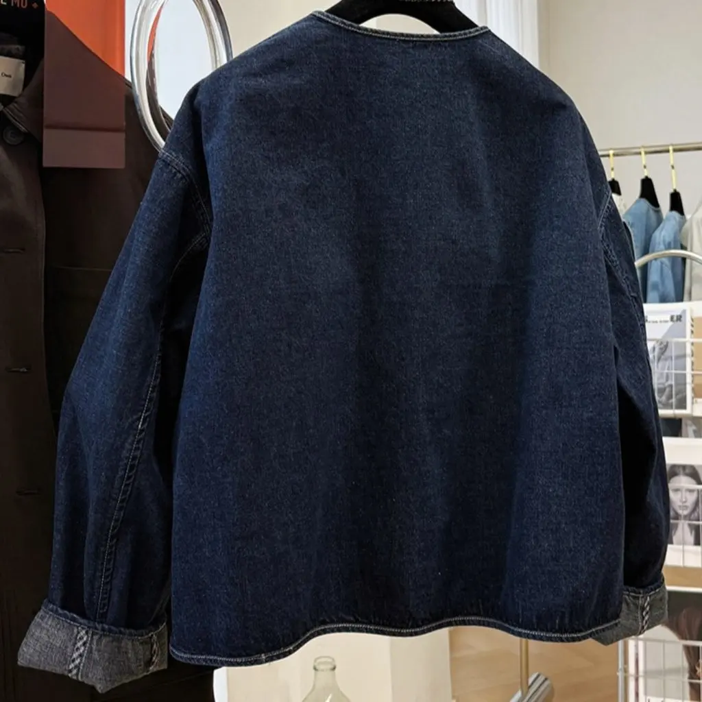 

Women's round Neck Casual Denim Jacket High-End Unique Style Super Good-Looking Small Spring Autumn Outerwear