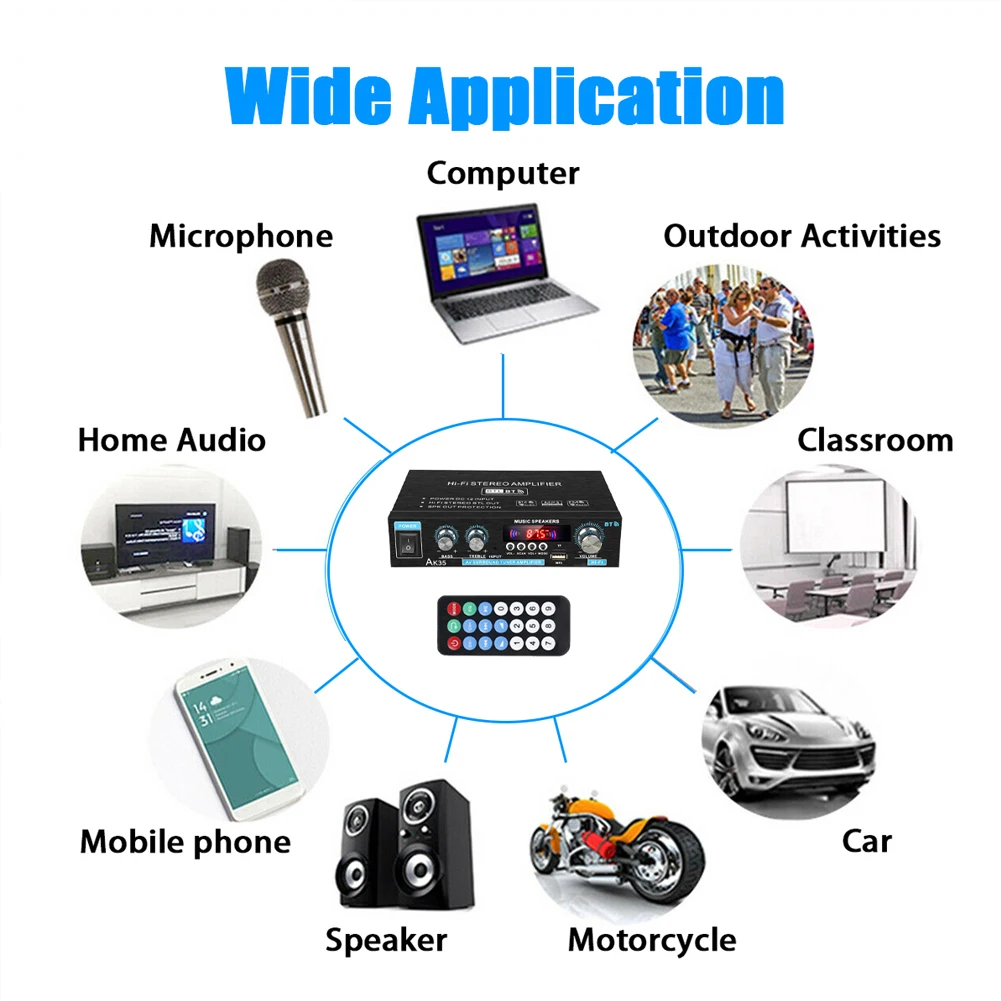 HiFi Digital AK35 Bluetooth Amplifiers MP3 Channel 2.0 Sound AMP Support 110V-240V for Home Car FM USB Remote Control