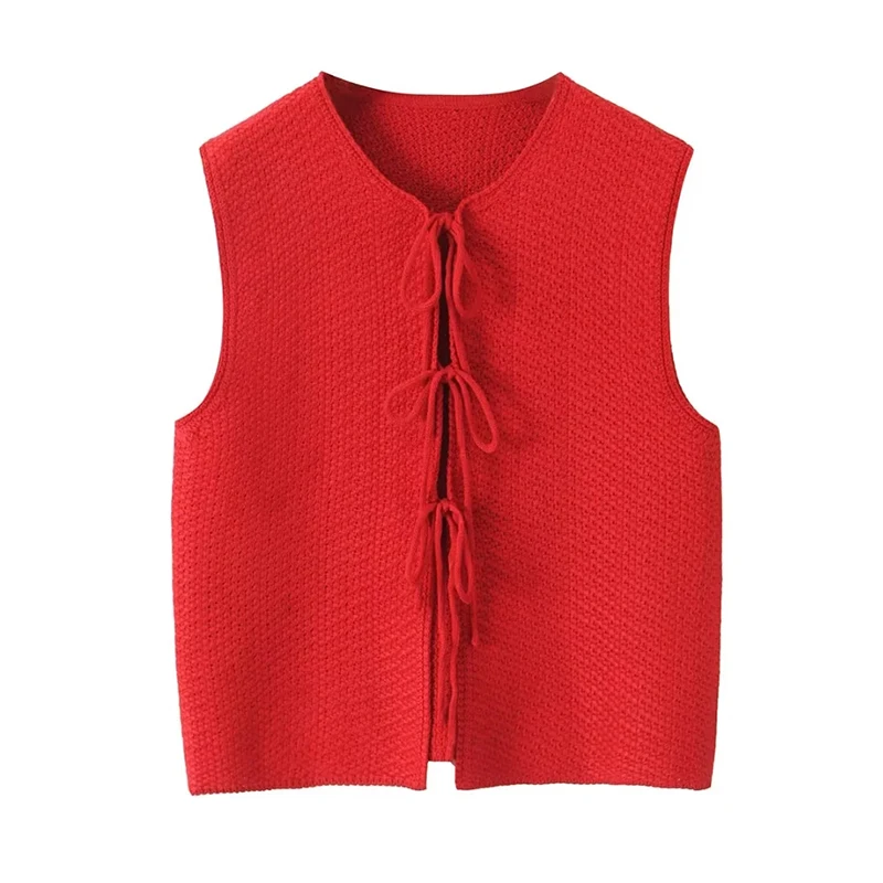 Women Fashion Red Lace Up Knitted Vest Tank Tops Vintage O-Neck Sleeveless Female Chic Lady Top