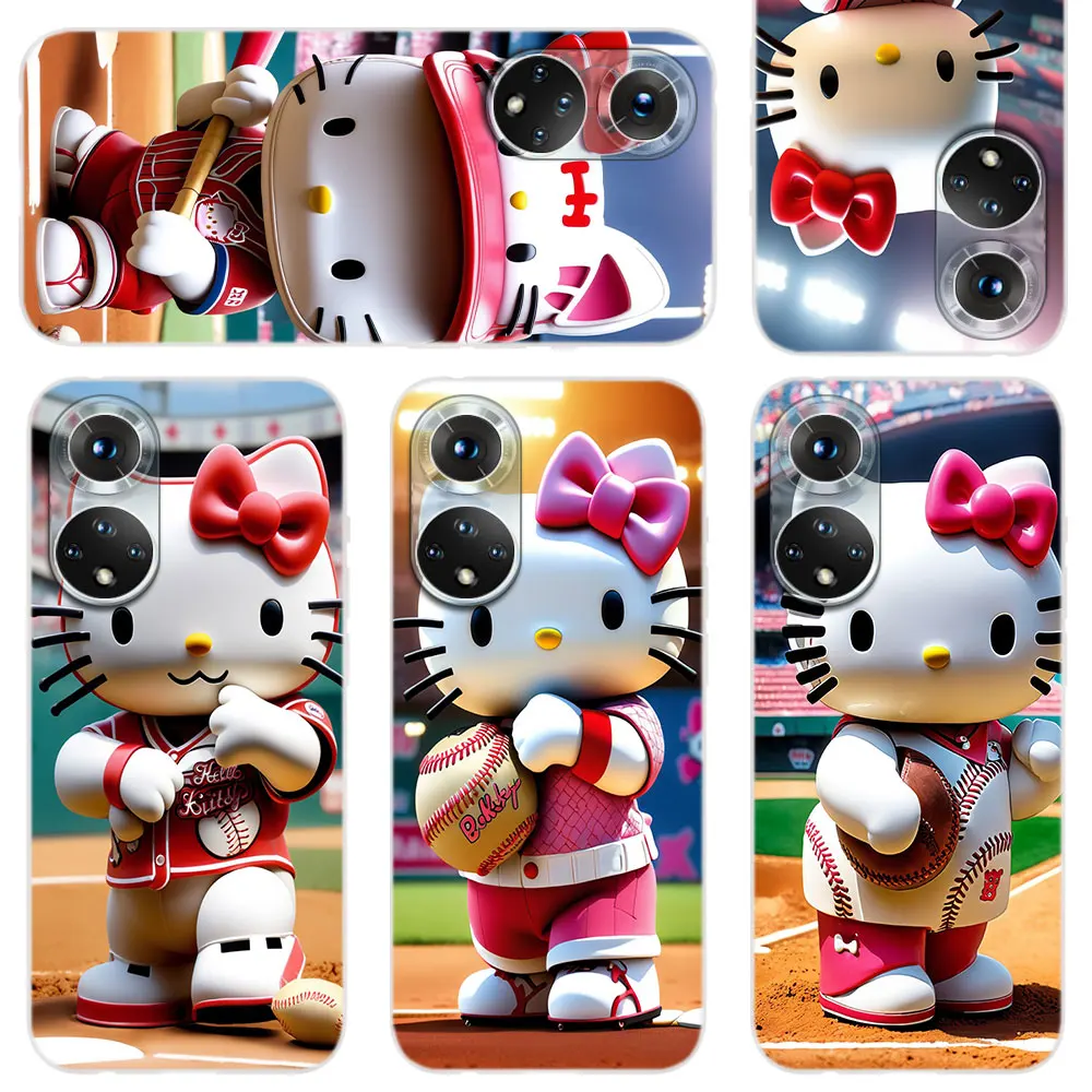 Silicone Soft Coque Phone Case For Honor 50 30 20 10 9 9X Lite Pro 10i 9a 8a 8X X8 Cover Hello Kitty plays baseball