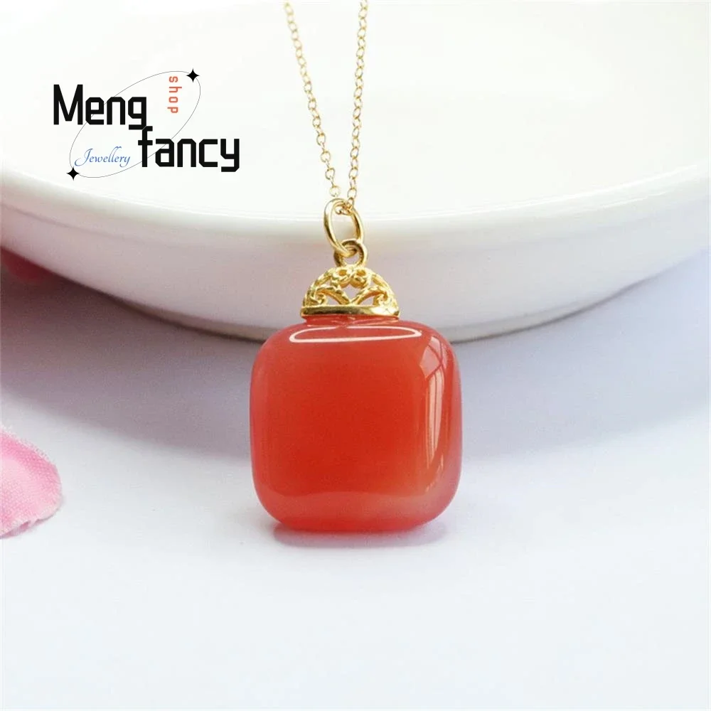 

Natural Salt Source Agate Scarlet Square Sugar Peaceful Pendant Simple Elegant High-grade Exquisite Luxury Quality Fine Jewelry