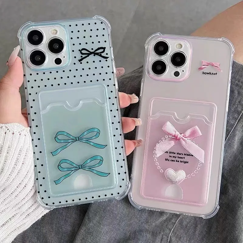 

Luxury Clear blue pink bow polka dot Wallet Card Holder Phone Case For iPhone 12 13 14 15 16 17 Pro Max cover With Lanyard ﻿﻿﻿