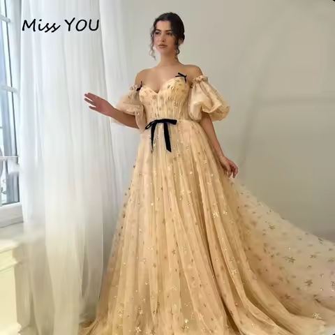 Customized Prom Dress Off Shoulder Champagne Sweetheart Draped Star Elegant A-Line Print Bows Evening Dress Vestidos Customized