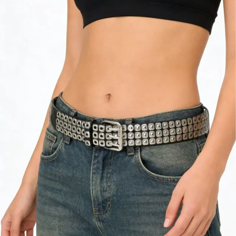  Unisex square bead studded three-row eyelet punk style PU belt Square Beads,Willow Nails,Three Exhaust Eyes,Punk Street Cool