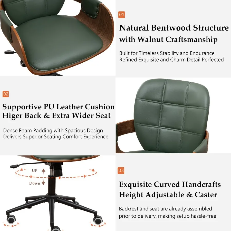 كرسي مكتب منزلي مع عجلات عجلات مصنوعة من خشب الجوز مريح منحني للظهر والأذرع من الجلد الصناعي قابل للتعديل