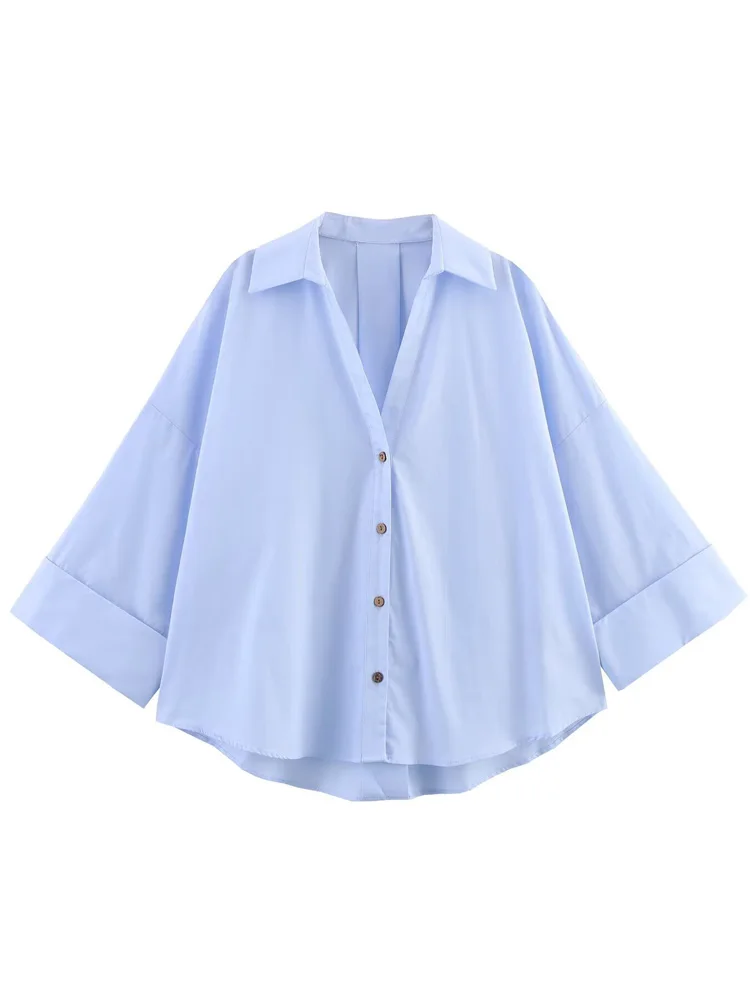 HXAO Camicie e camicette con bottoni Donna Pieghe a maniche corte Camicetta bianca blu marrone Donna Summer Street Style Top oversize