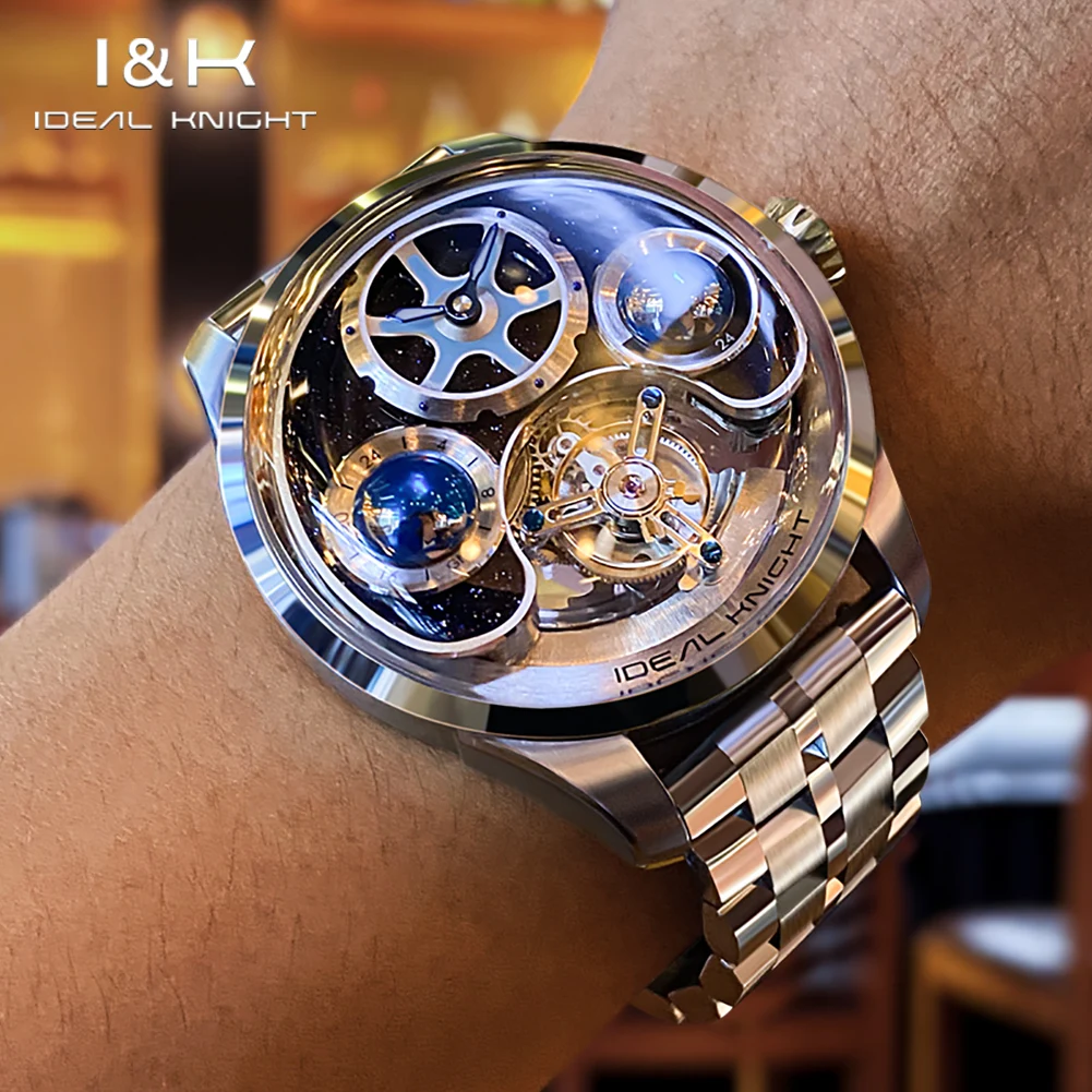 IDEAL KNIGHT 6805 Tourbillon Luxury Automatic Wristwatch Multi Temporal Zone Full Skeleton Mechanical Watch Men Deep Waterproof