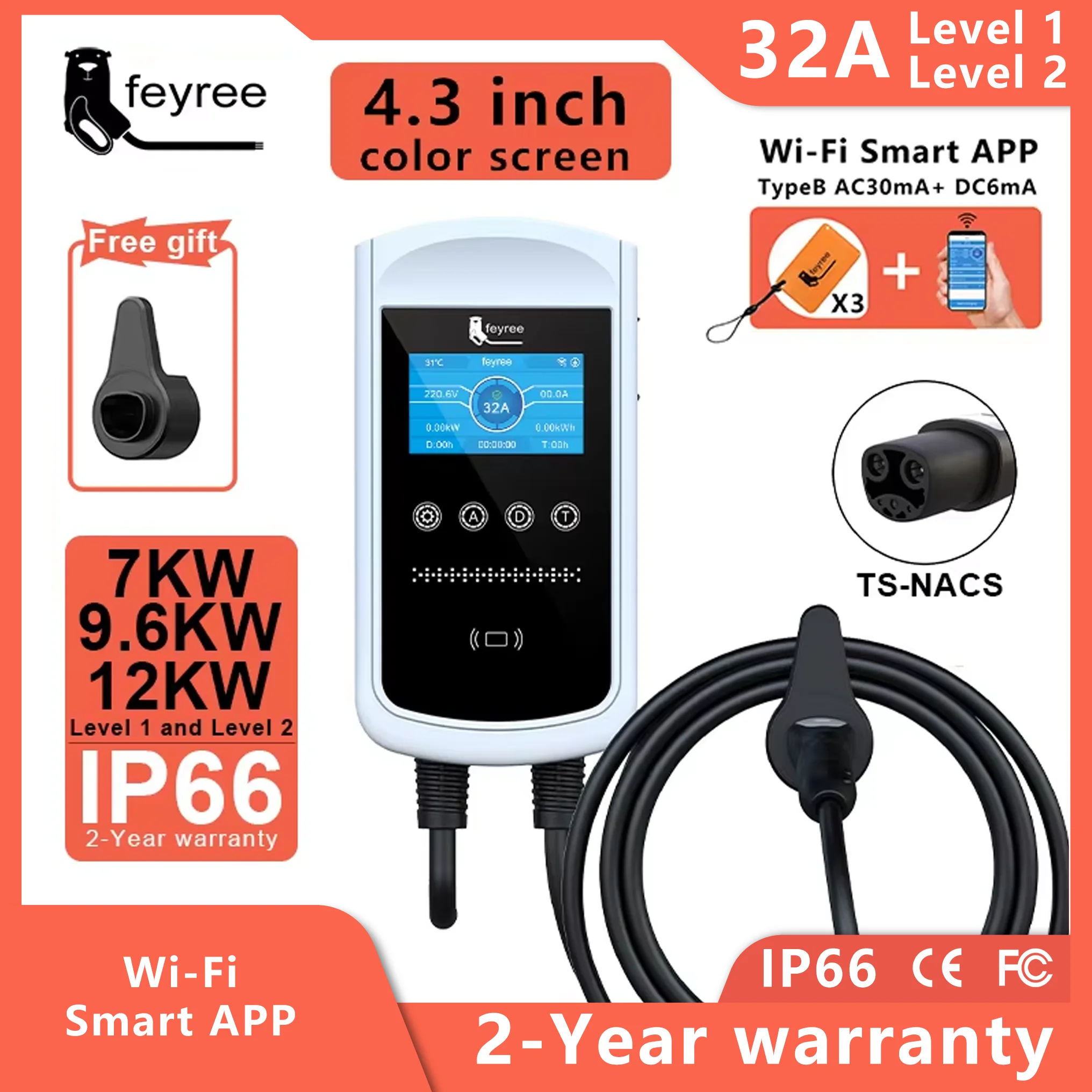 

feyree EV Charging Station 32A 7KW Electric Vehicle Car Charger EVSE Wallbox 9.6KW 12KW 5m Cable Tesla NACS Socket APP Control