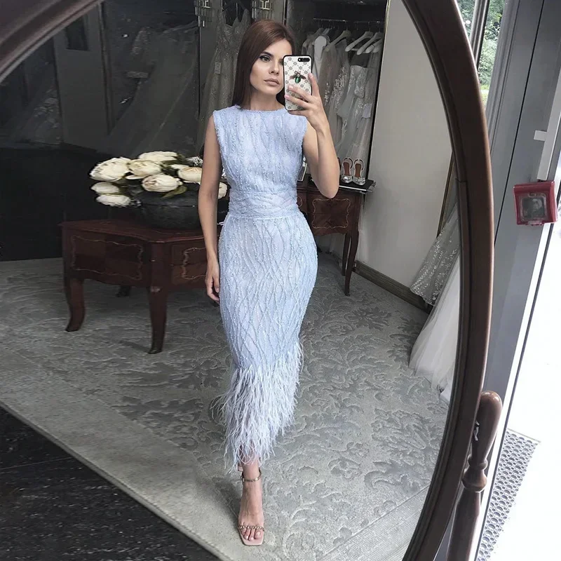 

Customized High quality Classic Formal Sequin Feather Ball High Collar Long Dresses Cocktail Dresses Exquisite Modern Style