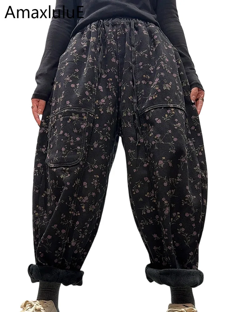 

Amax LuluE корейские зимние меховые джинсы с цветочным принтом женские модные джинсовые брюки женские свободные повседневные винтажные утепленные брюки