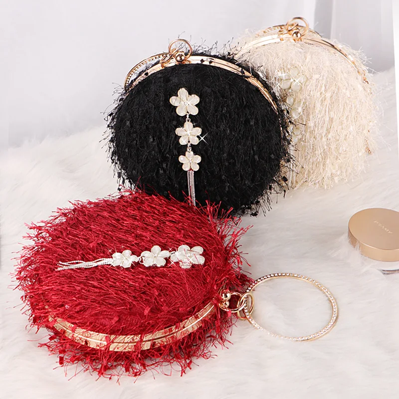 New Sparkling Diamond Big Ring Handbag Fashion Tassel Suede Evening Bags Women Shoulder Crossbody Bags Luxury Clutch Purse 2023