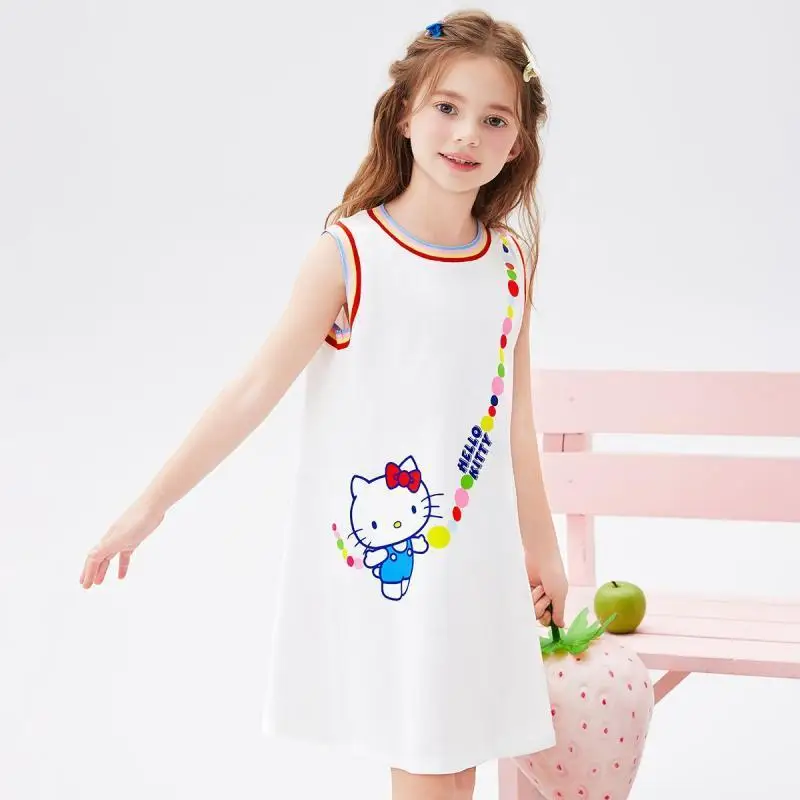 

Юбка с героями мультфильмов «Hello Kitty» для девочек, летнее хлопковое платье принцессы Sanrio без рукавов, модное тонкое стильное кавайное платье для отдыха, подарок для девочек, новинка