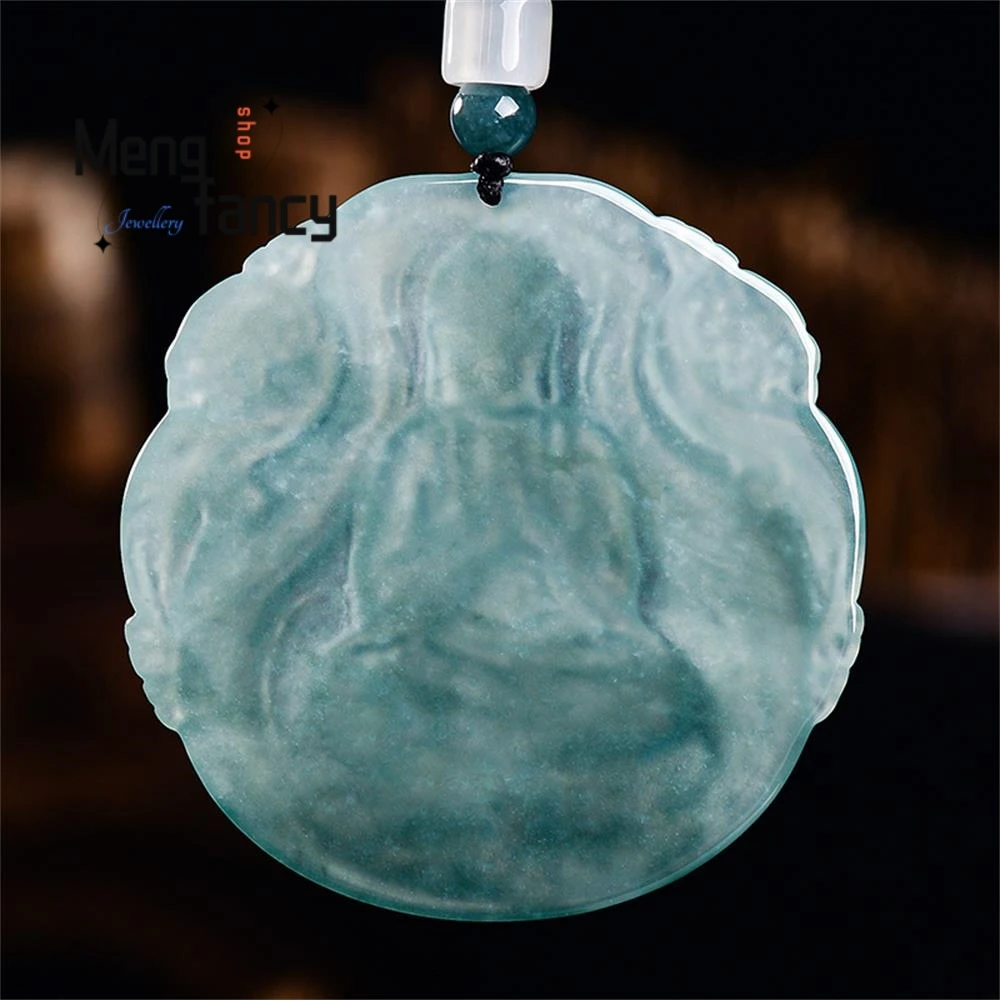 Natural A-grade Jadeite Blue Water Double Dragon Great Sun Tathagata Jade Pendant Zodiac Sheep Guardian God Fashion Fine Jewelry