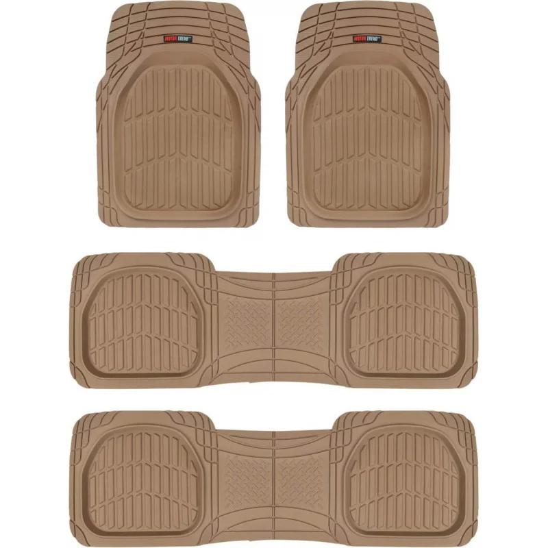 FlexTough Beige Rubber Car Floor Mats for 3 Row Vehicles, Front & Rear 2nd Row Deep Dish All Weather Automotive Heavy D