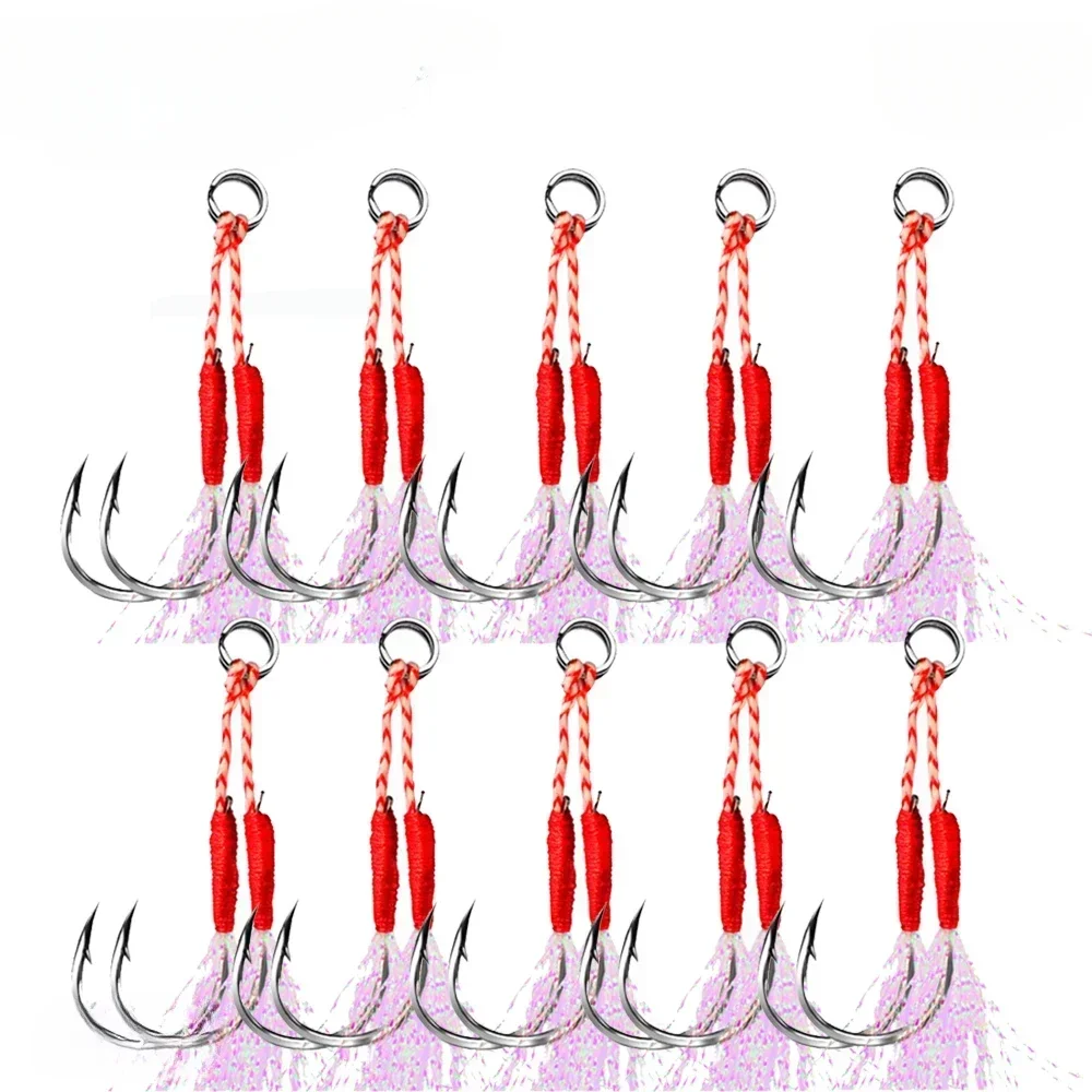 10pcs/lot Fishing Hook Jig Double PairHooks Barbed Thread Feather Accessories Pesca High Carbon Steel Fishing Lure Slow Jigging image 5