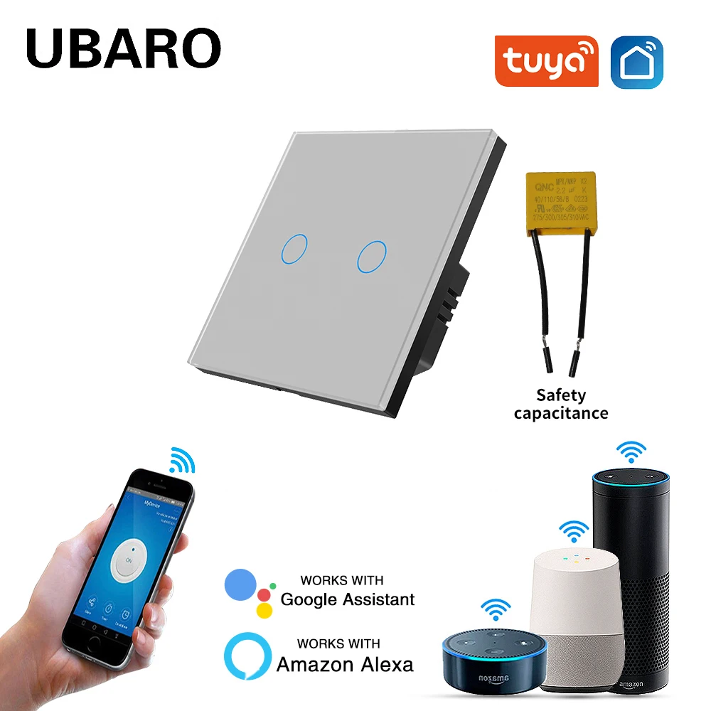 UBARO Tuya Smart WIFI en casa interruptor de luz de pared 2 entradas funciona con el asistente de Google Amazon Alexa Yandex Alice Sensor de Control de voz