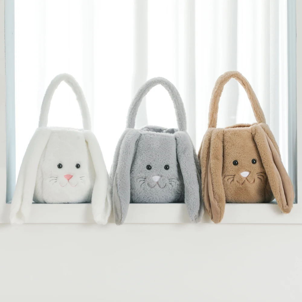 Panier de pâques en peluche à longues oreilles de lapin, sac à main avec visage brodé, nom brodé, chasse aux œufs, décorations de fête, cadeau