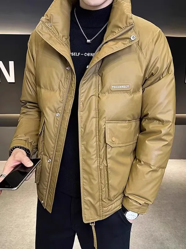 Jaet de plumón de cuero para hombre Invierno Thiened ort Sle Abrigo con cuello levantado Youth Faion Nuevo 2025 Ci Casual Blanco Du...