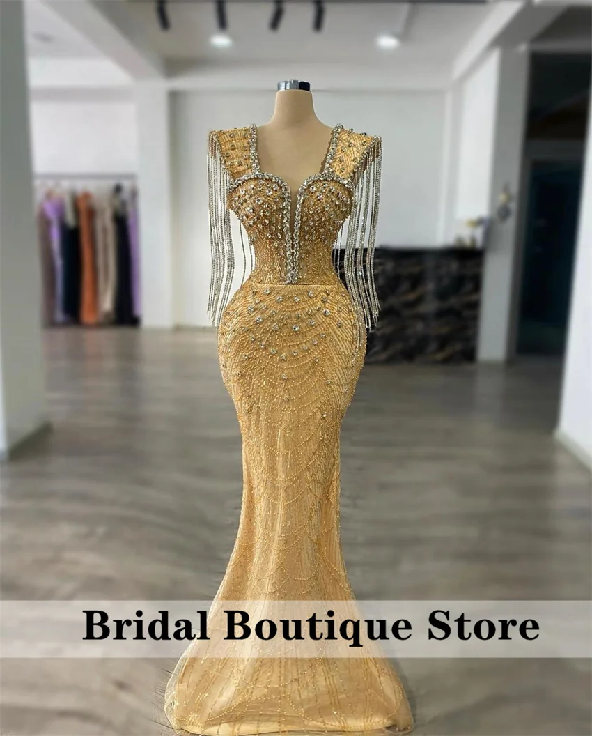 

Luxury Gold Bead Diamonds Prom Dress Women For Formal Evening Gown Birthday Dress Vestidos De Noche Customized