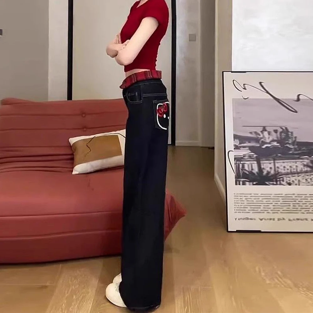 2025 جديد السراويل الطويلة الحلو الأمريكية الساخنة الفتيات مرحبا كيتي القط المطرزة الجينز لطيف المرأة السوداء مستقيم عالية الخصر واسعة الساقين