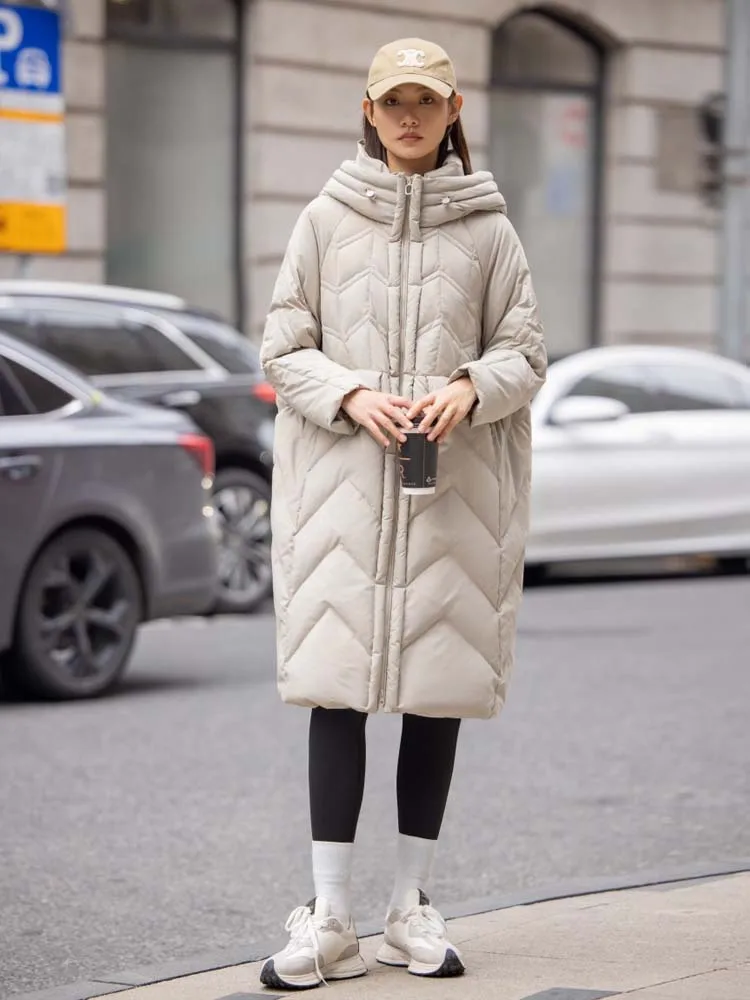 Luksusowa damska długa kurtka puchowa z gęsiego puchu Oversize 2025 Winter Warm Brown puffer coat with hooded Casual outerwear INKEO DJ525