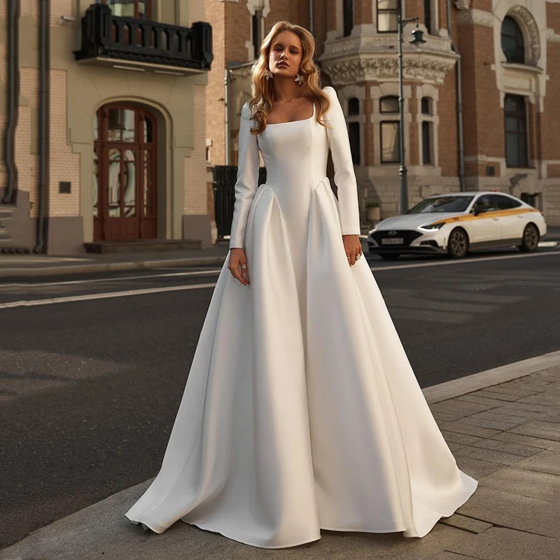 

Eightree Women A-Line Wedding Dresses Square Collar Long Sleeve Satin Bridal Dress Princess Wedding Ball Prom Gowns Customized
