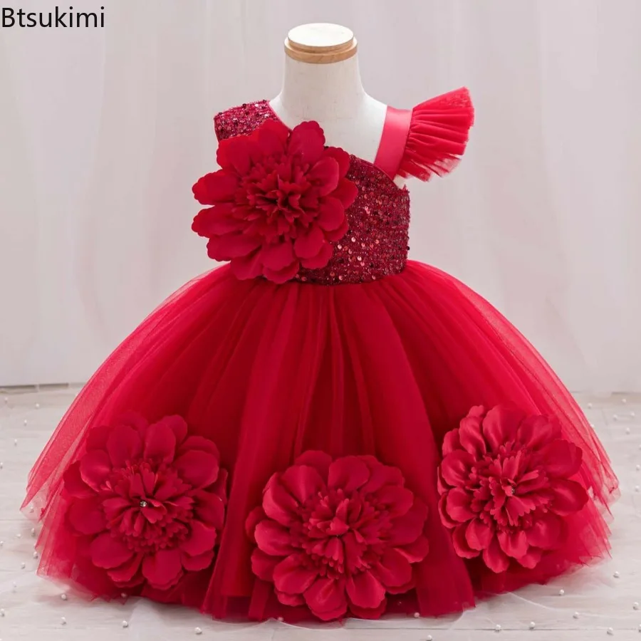 New Girl's Princess Dress Baby Girls Wedding Sleeveless Three-dimensional Flower Mesh Carnival Birthday Party Evening Dress 1-6Y
