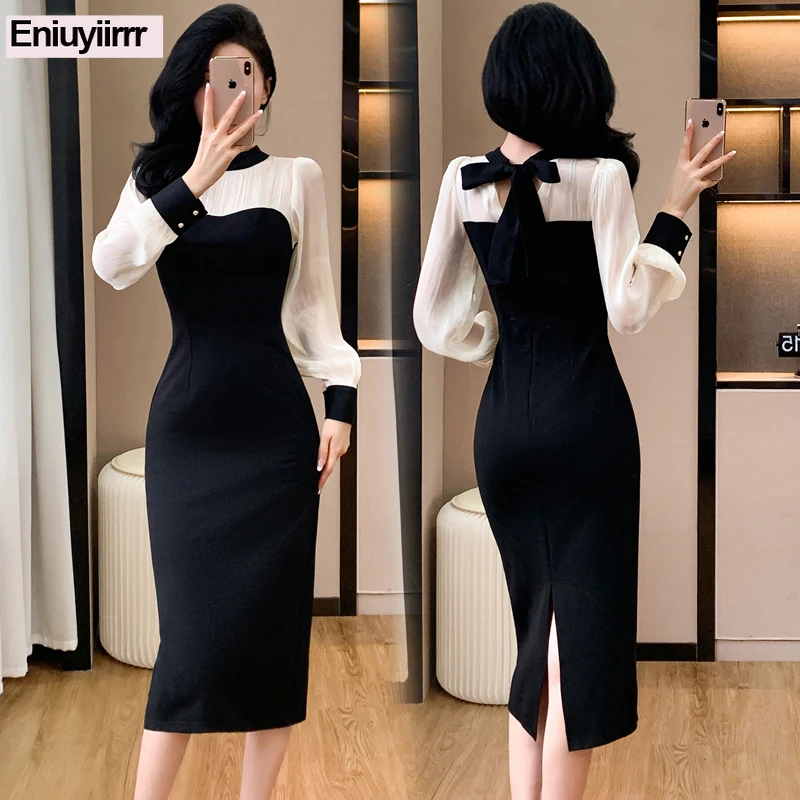 ชุดเดรสทรงดินสอผ่าข้างยาว แต่งผ้าปะติด สไตล์ใหม่ แฟชั่นผู้หญิง สง่างาม สีดำ แนวผู้หญิง สำหรับใส่ทำงานในออฟฟิศ