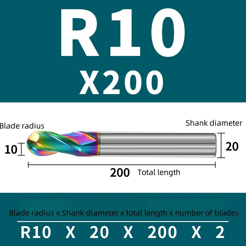 HRC55 Fresa a punta sferica in alluminio colorato 2 flauto Fresa in carburo di tungsteno Macchine utensili CNC R10x20x200 R4x8x60