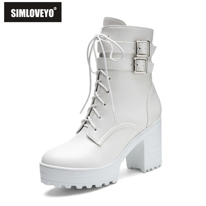 

SIMLOVEYO New Mortorcycle Ankle Boots 9cm Block Heel Lace Up Buckles Zip Round Toe White Black Big Size 42 43 US12 Fashion Cool