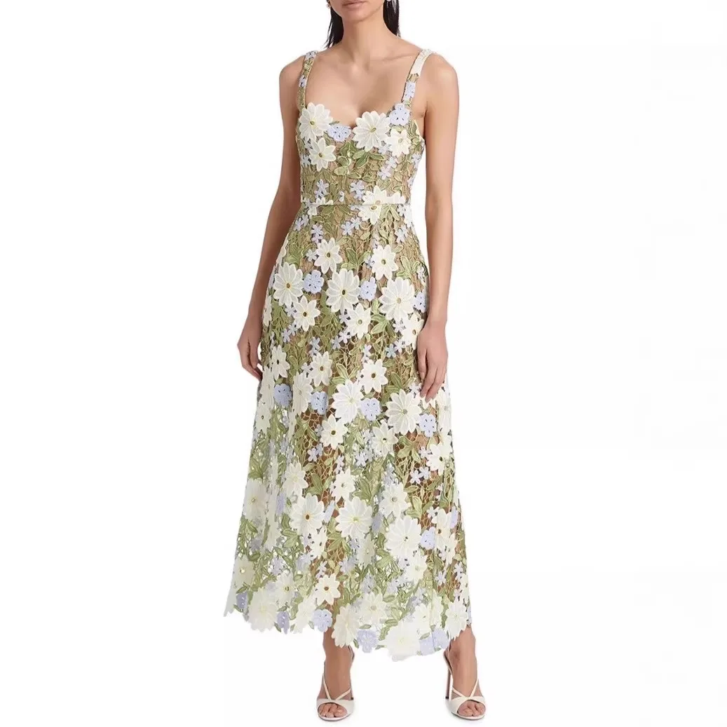 

Sexy Women's Three-dimensional Embroidered Flowers Suspender Dresses V Neck Slim Fit Water-soluble Lace Long Dress Vacation