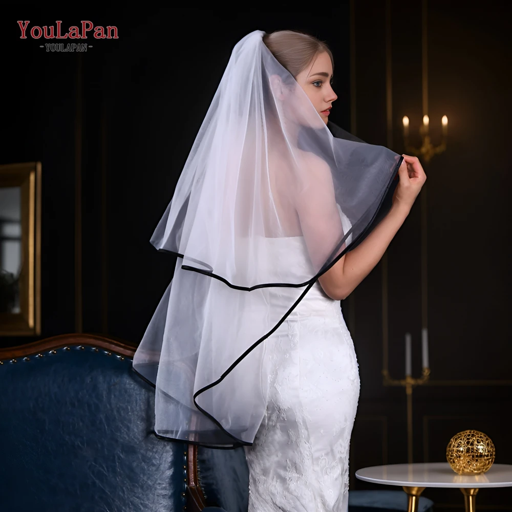 

YouLaPan Double Wedding Veil with Hair Comb Ribbon Edge White Soft Tulle Bridal Veil High Quality Wedding Accessories V214