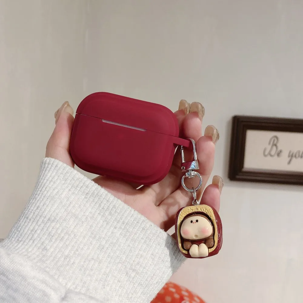 Doll Pendant With Nuts For Apple AirPods 4 Pro 2 Pro Wine Red Soft Earphone Case For AirPods 1 2 3 Cover Box