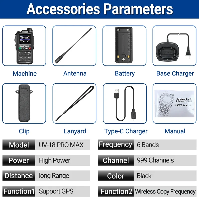 Baofeng-UV-18 pro max walkie talkie,uv18l,ワイヤレスコピー周波数,6バンド,長距離,ハイパワー,タイプC,双方向ラジオ,GPS