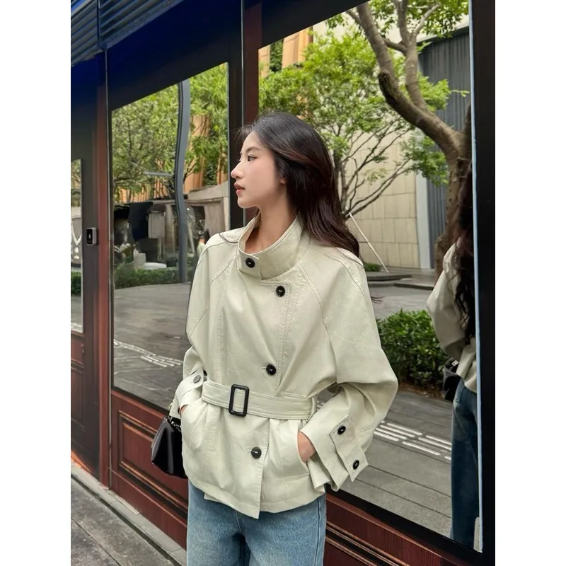 

Новая женская одежда 2025: Модный укороченный тренч для женщин с воротником-стойкой, премиум-класса, с эффектом утяжки на талии