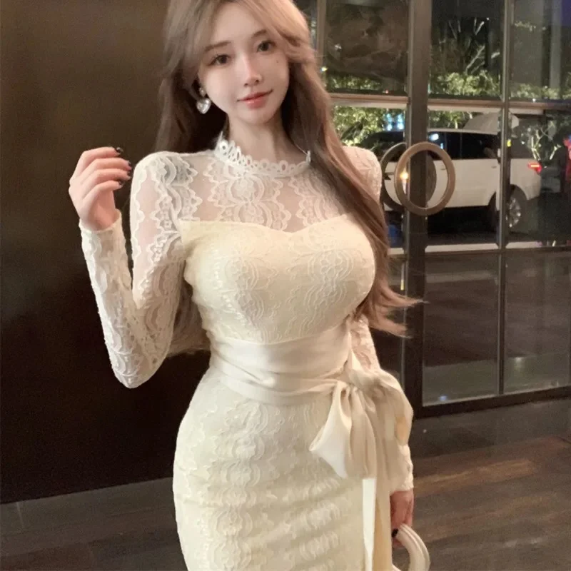 Sexy Solid Lace Patchwork Long Dress Women Shoulder Sheer Lace Up Slim Fit Bodycon Dresses Spring Elegant Long Sleeve Party Robe