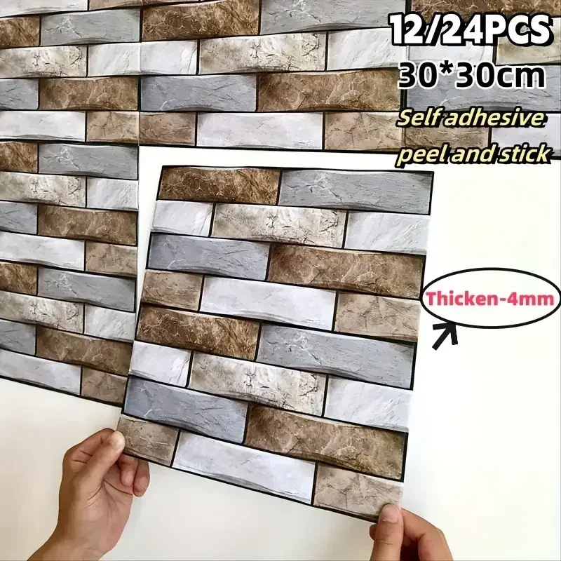 

12PCS imitation brick self-adhesive wall stickers, peeling and pasting wall tiles PVC waterproof wallpaper, for home use